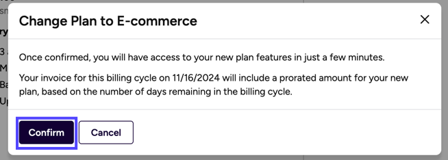 Change Plan confirmation popup. Box on Confirm button.