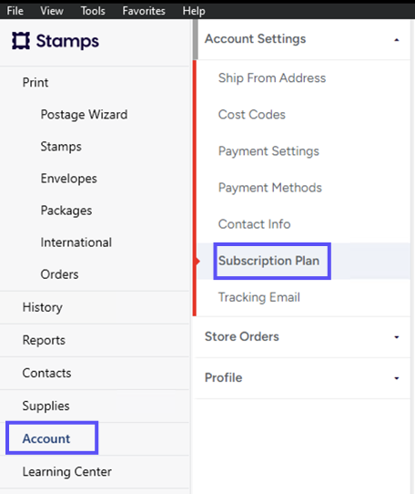Stamps PC. Settings. Boxes on Account, then Subscription Plan tabs.