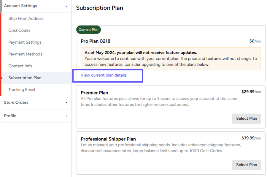 Under current plan, Box highlights link to view current plan details