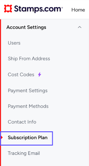 Stamps web. Account Settings tab. Box on Subscription Plan in side navigation