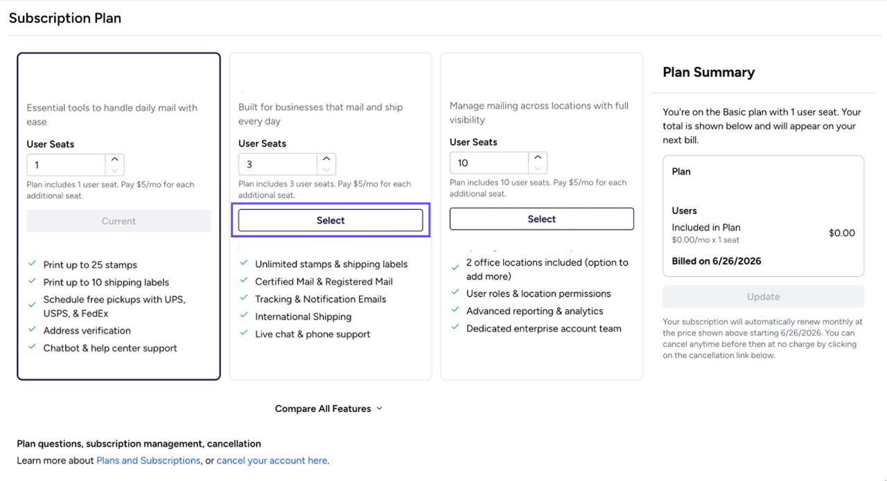 Profile. Subscription Plan. Arrows point to Select Plan buttons to upgrade plan.