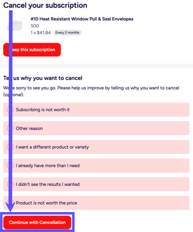 Subscription Cancellation Pop up, box highlights button to continue with cancellation.
