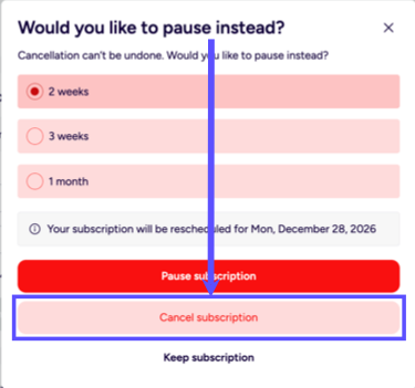 Second cancellation screen. Box highlights Cancel Subscription button