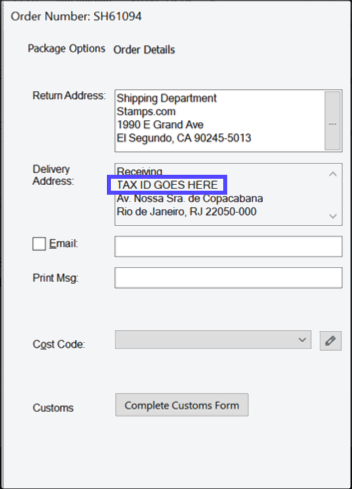 Stamps PC. Order Details. Box highlights Address line 2, often the Company field, where TAX ID goes.