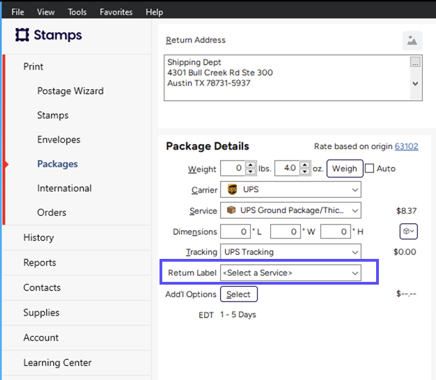 Configure Shipment & Package Details. Box highlights Return Label Service dropdown menu