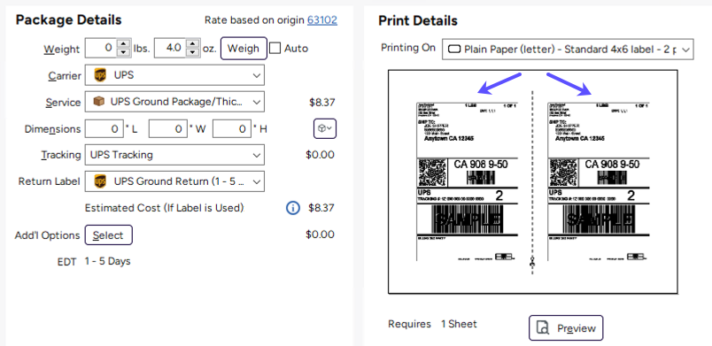 Arrows point to Pay-on-Use Return Labels displayed