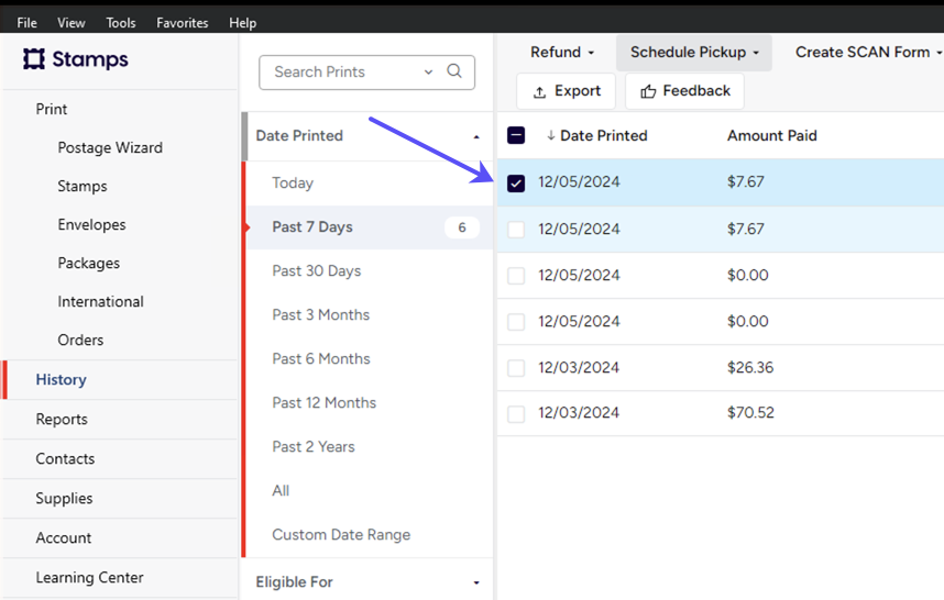 History tab. An arrow points to a selected shipment.