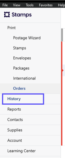 Stamps PC version. Box highlights History tab in sidebar