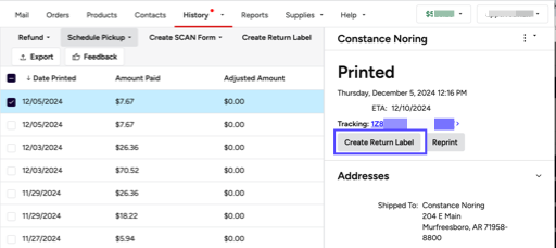 A box highlights the Create Return Label button