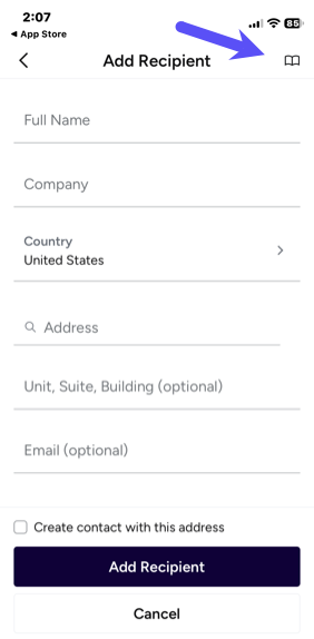 Stamps mobile. Add Recipient page. Arrow points to Address Book icon